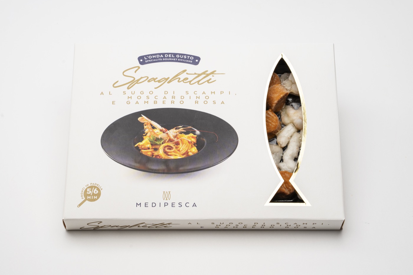 Spaghetti al sugo di scampi, moscardino e gambero rosa, foto della confezione